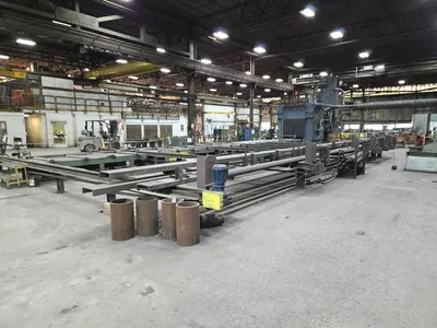 1993 Pangborn 7-Wheel Structural Blast Machine, 24" x 48" Opening, 60' In-Out Conveyors w/ (6) Cross