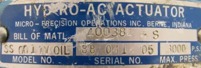 USED MICROMATIC ROTAC SS-001-1V HYDRAULIC ACTUATOR / ROTARY 400384-S SS0011V