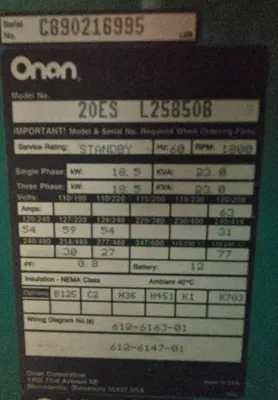 USED CUMMINS ONAN 20ES L25850B