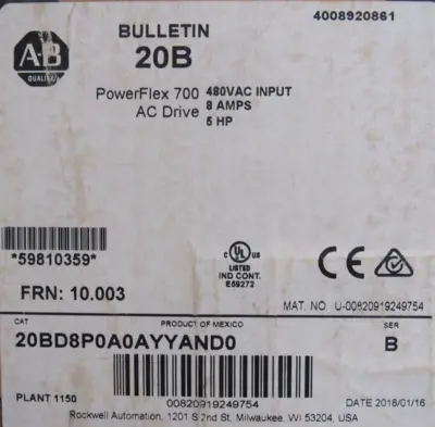 ALLEN BRADLEY 20BD8P0A0AYYAND0 POWERFLEX 700 SER.B 5HP NEW SURPLUS