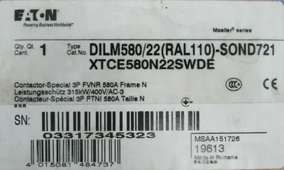 NEW EATON XTCE580N22SWDE CONTACTOR DILM580/22(RAL110)-SOND721 DILM580