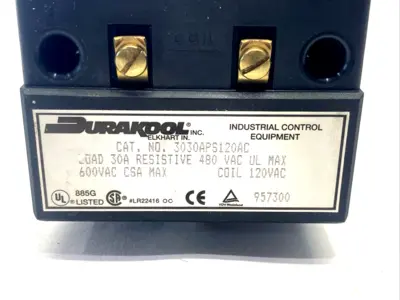 Durakool 3030APS120AC Displacement Contactor Relay Load 30A 120VAC Coil 480V Max