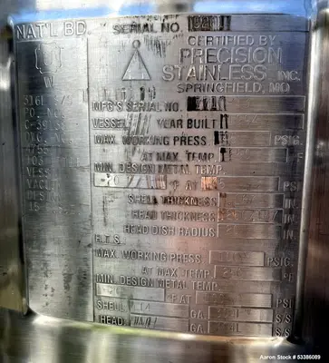 Used Board Rated, Industrial Precision Stainless Tank.