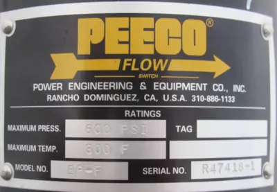 NEW PEECO EP-F FLOW SWITCH 600PSI 300F 6"x6"x1/8" SQUARE FLANGE EPF