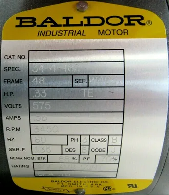 NEW BALDOR C0046708 MOTOR 575V 3450RPM .33HP 1/2" DIA. 34-4-482