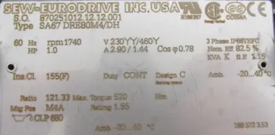 NEW SEW EURODRIVE SA67 DRE80M4/DH GEAR MOTOR 121.33:1 SA67DRE80M4DH