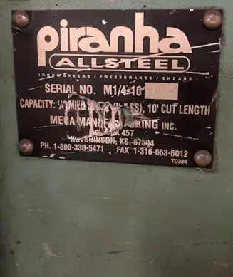 Used 1999 PIRANHA ALLSTEEL M1/4-10 Power Squaring Shears (Inch) Oregon US | Aucto #1333575