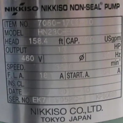 NEW NIKKISO HN23C-B3 NON-SEAL PUMP 7060-1700-10 HN23CB3