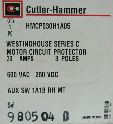 NEW CUTLER HAMMER HMCP030H1A05 CIRCUIT BREAKER 30A 3 POLE SER C 600VAC 250VDC