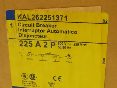 Square D AL250KA Circuit Breaker Grey Face 225A 2P 600V Adjustable KAL262251371
