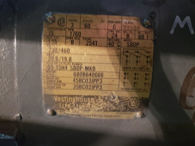 WESTINGHOUSE 15 HP, 1760 RPM, 254T FRAME MOTOR