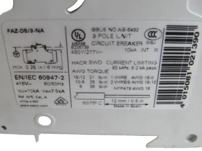 NEW EATON FAZ-D5/3-NA CIRCUIT BREAKER FAZD53NA