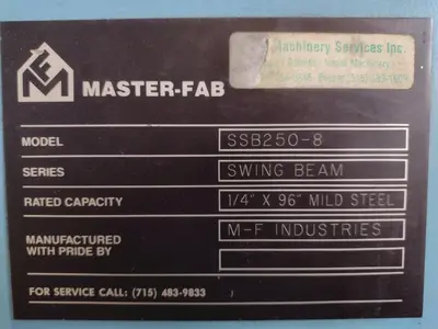 8' x 1/4" MASTER-FAB MODEL #SSB250-8 HYDRAULIC SHEAR: STOCK #18844