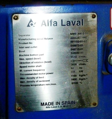 Alfa-Laval MMB 305S-11 lube oil purifier module, SS.