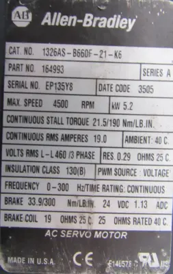 USED ALLEN BRADLEY 1326AS-B660F-21-K6 SERVO MOTOR 164993 1326ASB660F21K6