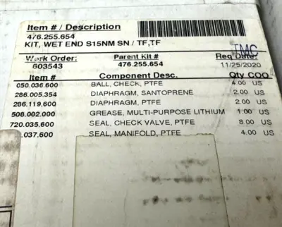 NEW SANDPIPER 476.255.654 PUMP KIT WET END S15NM SN/TF TF