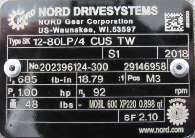 NEW NORD SK12-80LP/4 CUS TW GEARMOTOR 18.79:1 1HP SK80LP/4 CUS TW