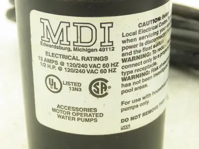 MDI GF10W20F1 Mechanical Float Switch 120VAC 20' Cord Pump Duty Normally Open