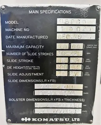 USED 1987 KOMATSU PRESSES KOMATSU OBP60 PRESS