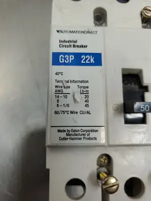 Used AutomationDirect G3P-22k Circuit Breaker, 50A, 240-480VAC/125-250DC Circuit Breakers South Carolina US | Palmetto Automation #1512089