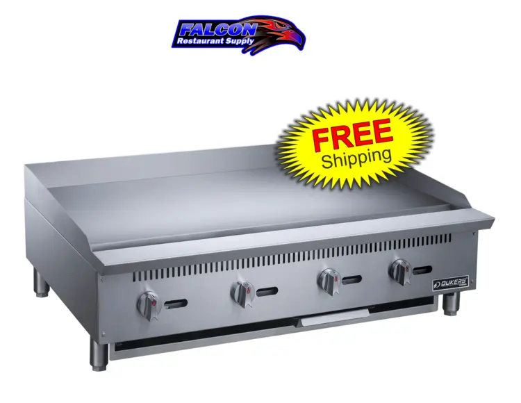 New | in-Stock Dukers New Dukers DCGM48 48 in. W Flat Top Griddle with 4 Burners Commercial Flat Top Griddles Illinois US | Falcon Restaurant Supply #1376257