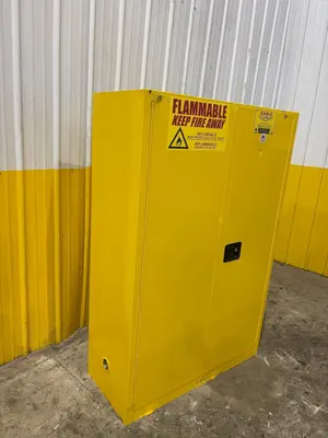 45 GALLON X 2 DOOR EAGLE FLAMMABLE MATERIALS MODEL #4510X STORAGE CABINET, 43” X 18” X 65” HIGH: YOBRO  #24507