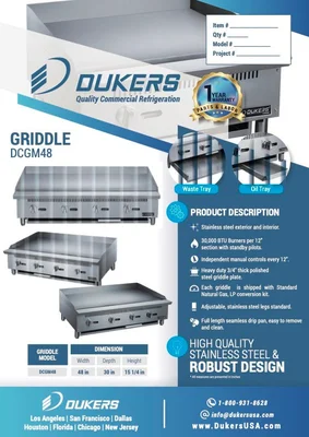 New | in-Stock Dukers New Dukers DCGM48 48 in. W Flat Top Griddle with 4 Burners Commercial Flat Top Griddles Illinois US | Falcon Restaurant Supply #1376257