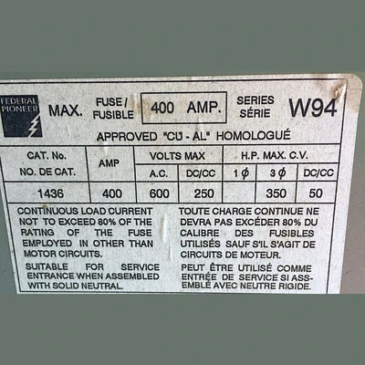 Federal Pioneer 400 Amp 600 V Fusible Disconnect