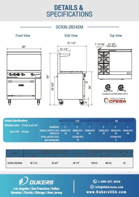 New | in-Stock Dukers New Dukers DCR36-2B24GM 36" Gas Range with Two (2) Open Burners & 24" Flat Top Griddle Commercial Ranges Illinois US | Falcon Restaurant Supply #1376281