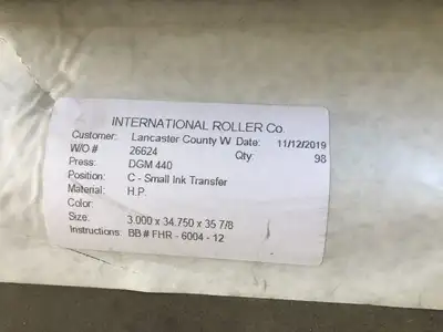 International Webco DGM 440 Ink Form Printing Press Roller 3″x34.750″x35.875″