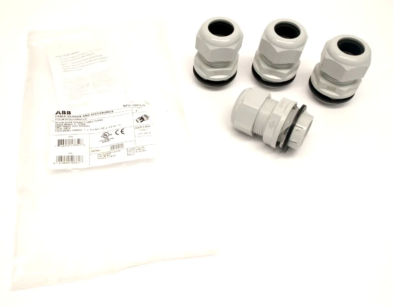 NPG-1001LG, 7TCA303070R0029 | ABB NPG-1001LG Nylon Quick Connect Cable Gland 1" Thread 18-25mm Range LOT OF 4 - New Other