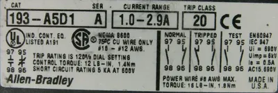 USED ALLEN BRADLEY 193-A5D1 OVERLOAD RELAY SER A 193A5D1