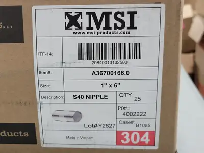 1" x 6" S40 Nipple 304 Stainless Steel (Box of 25)