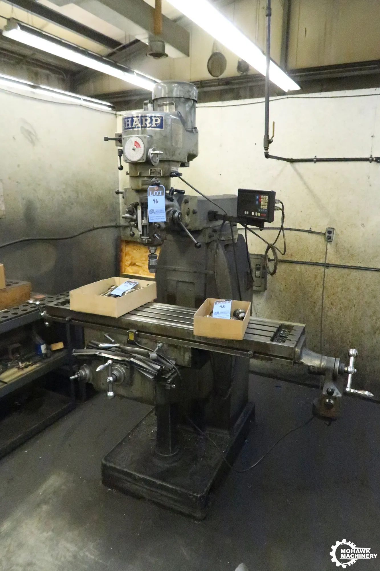 3 HP SHARP VERTICAL TURRET MILL w/POWER TABLE FEED - NEWELL DIGITAL READOUTS - 10” x 50” TABLE