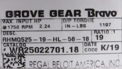 NEW GROVE GEAR RHMQ525-19-HL-56-18 GEAR REDUCER 19:1 WR25022701.18