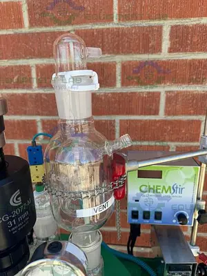 USED CHEMGLASS 100 LITER JACKETED GLASS REACTOR W/ CHEMGLASS DIGITAL OVERHEAD STIRRER