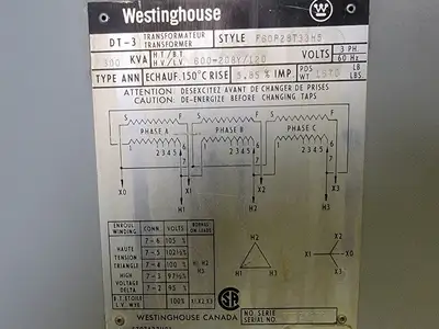 300 kVA Transformer 600 Pri. Volts, 208Y/120 Sec. Volts F60P28T33H5