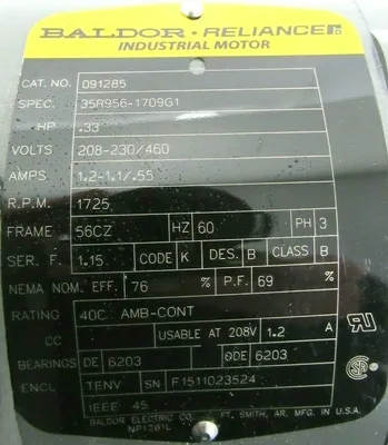 NEW BALDOR 091285 MOTOR .33HP 208-230/460V 5/8" DIA. 1725 RPM 35R956-1709G1