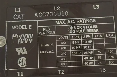NEW ARROW HART ACC730U10 MODEL E MAGNETIC CONTACTOR
