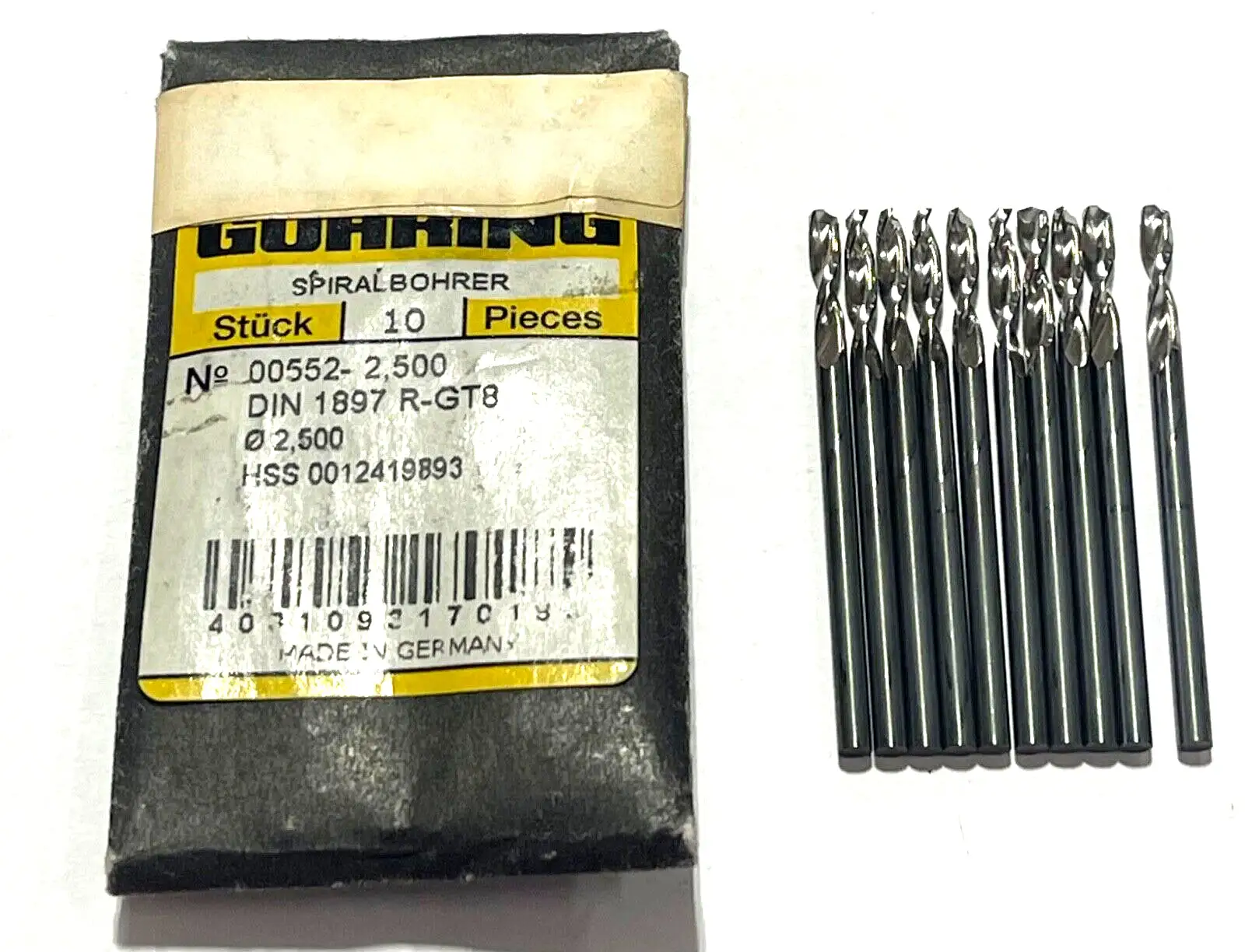 GUHRING 2.5mm Drill Bit HSS Screw Machine Length Parabolic Flute 130° 10 Pack