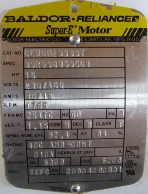 NEW BALDOR CEWDM23933T MOTOR 15HP 230/460V 1765RPM 254TC 1-5/8" DIA.