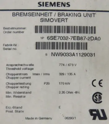 USED SIEMENS 6SE7032-7EB87-2DA0 BRAKING UNIT 6SE70327EB872DA0