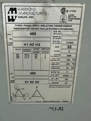 Used HAMMOND 93 KVA Transformers | Surplus Asset Holdings #1202942