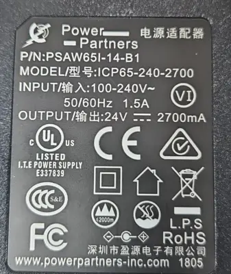 Power Partners ICP65-240-2700 interchangeable plug power supply (BIN4.4.5)