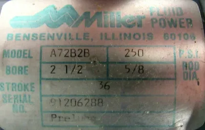 NEW MILLER A72B2B CYLINDER 2.50×5/8×36 250PSI