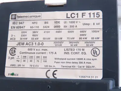 Telemecanique LC1F115 Motor Starter Contactor 80kW 250A 1000V 3 Pole 110V Coil