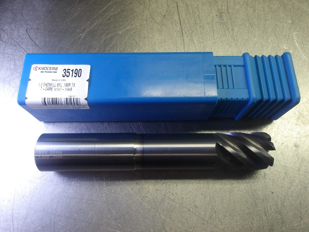 Kyocera/SGS 1" 6 Flute Carbide Long Reach Endmill 1" Shank .190"R 35190 (LOC3649)