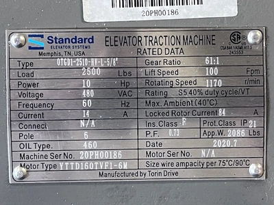 TorinDrive 0TG1-2510-HV-L-5/8" Overhead Elevator Traction Machine
