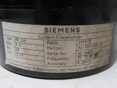 Siemens 61-300-058-101 Type RD-110 Current Transformer Ratio 1000/5 50/60Hz