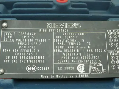 Siemens 1LA01454FP21 Induction Motor 3 Phase 1.5 HP 230/460V 1740 RPM Type RGZP
